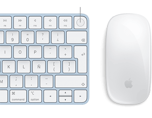 Primer plano del Magic Keyboard y el Magic Mouse a juego que destaca el sensor de huellas digitales Touch ID